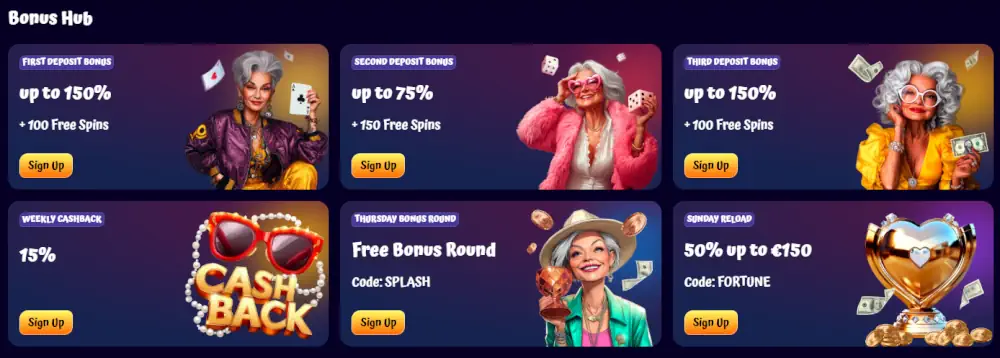 Spin Granny Bonus Hub featuring multi-tier welcome offers and reload bonuses